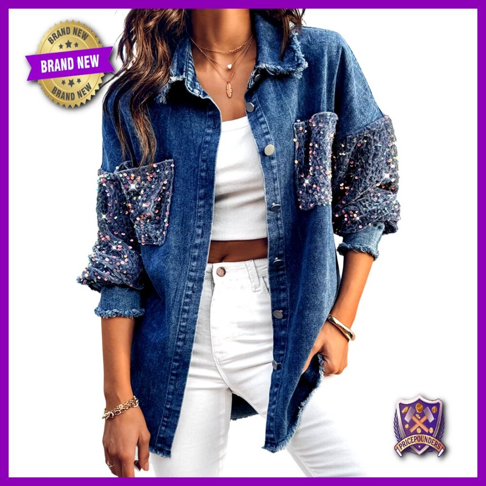 Oversized Denim Jacket Sequin Rhinestone Long Sleeve Casual Chic Y2K